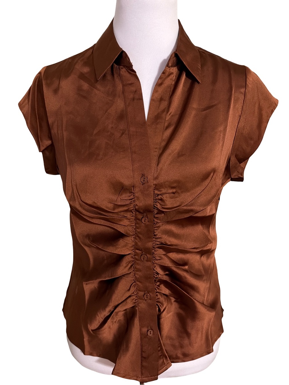 DR2 Brown Satin Ruched Button-Front Cap Sleeve Blouse
